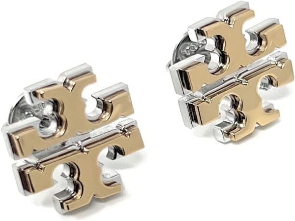 Tory Burch Extra Large Logo Stud Earring Two Toned Gold Silver 5/8'' WIde, Multi-0