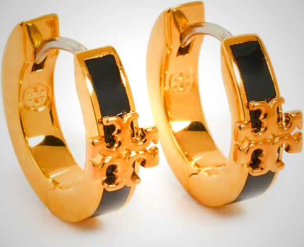 Tory Burch Women's Kira Enamel Huggie Earrings, Tory Gold/Black, One Size