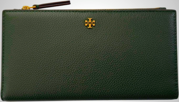 Tory Burch Women's Blake Pebble Leather Colorblock Slim Envelope Wallet (Basil)
