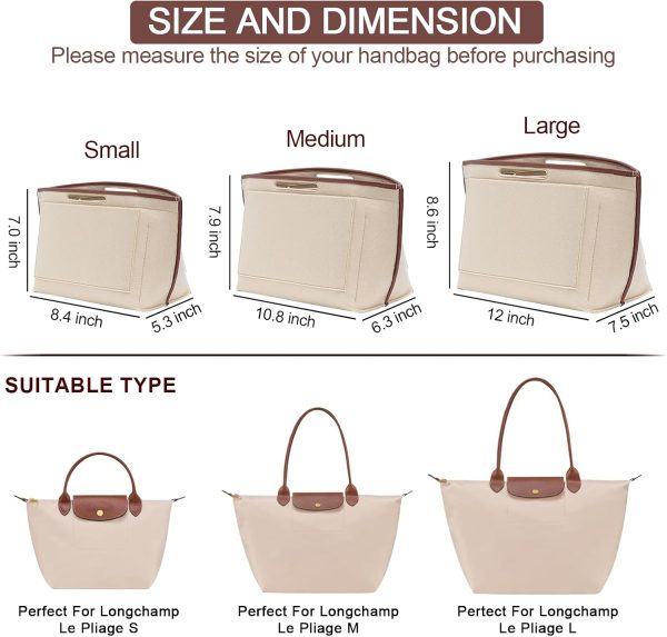 Felt Purse Organizer Insert for Longchamp Le Pliage L Bag Handbag Leather edge Longchamp Organizer Insert (Beige, Large) lovart