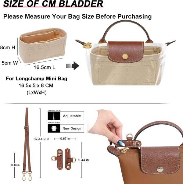 2 Kit Mini Bag Leather Shoulder Strap and Felt Purse Organizer Insert for Longchamp mini XS Bag Punch-Free Adjustable Buckle Design（Beige & Strap） bag