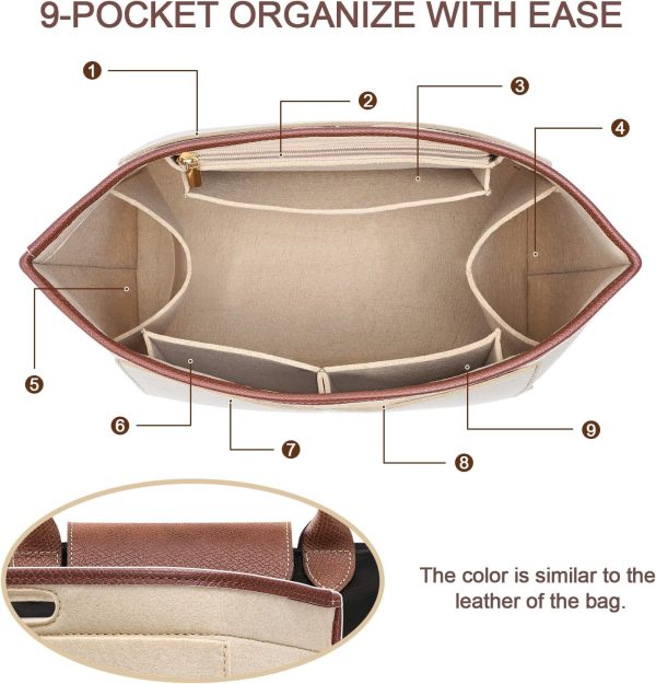Felt Purse Organizer Insert for Longchamp Le Pliage L Bag Handbag Leather edge Longchamp Organizer Insert (Beige, Large) longchamp bag