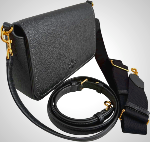 Tory Burch Thea Flap Black Leather Crossbody Bag with Gold Hardware