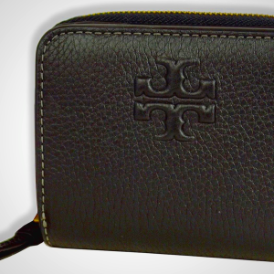 Tory Burch Thea Bi-Fold Zip Around Wallet in Black Pebble Leather