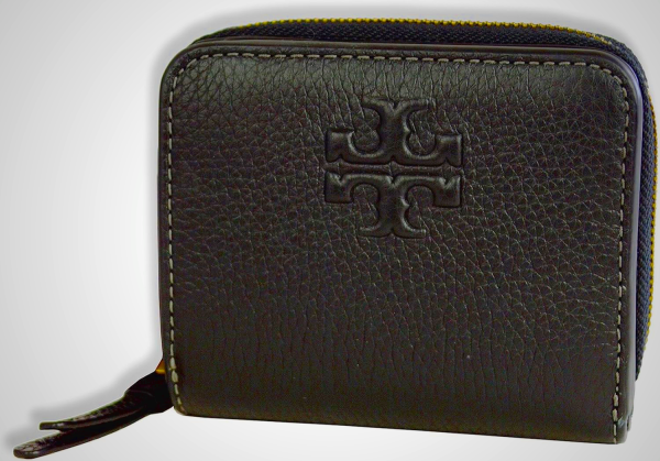 Tory Burch Thea Bi-Fold Zip Around Wallet in Black Pebble Leather